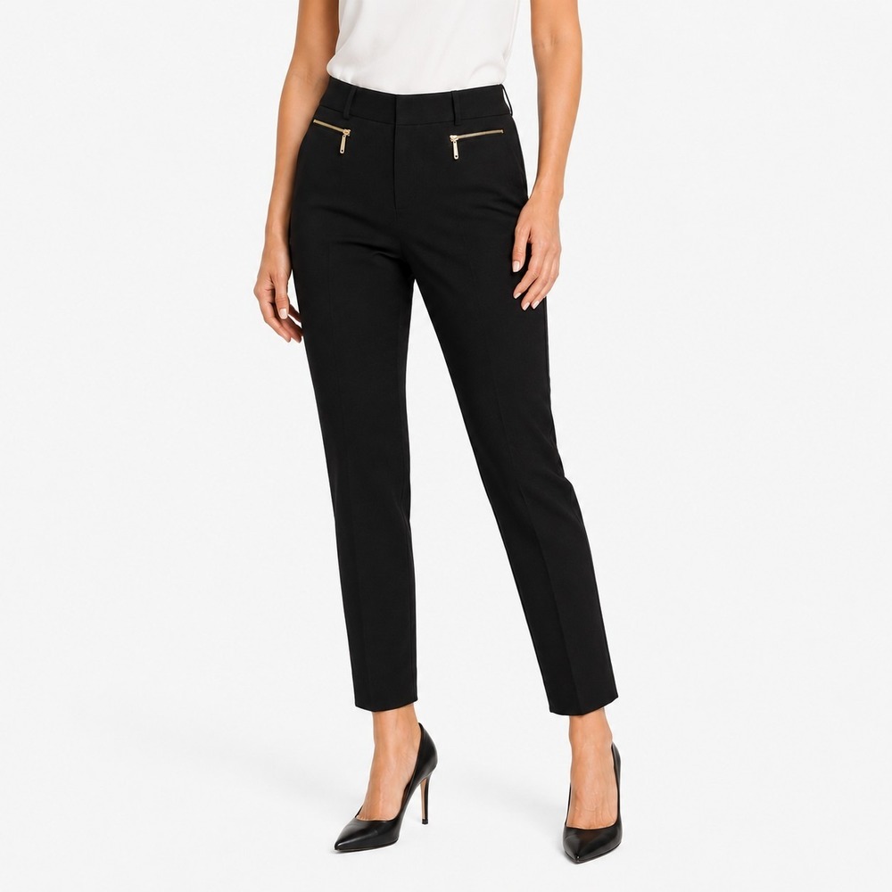 Anne Klein Slim Ankle Pants Size 6 Black Ponte Knit Stretch Gold Zip Pockets New